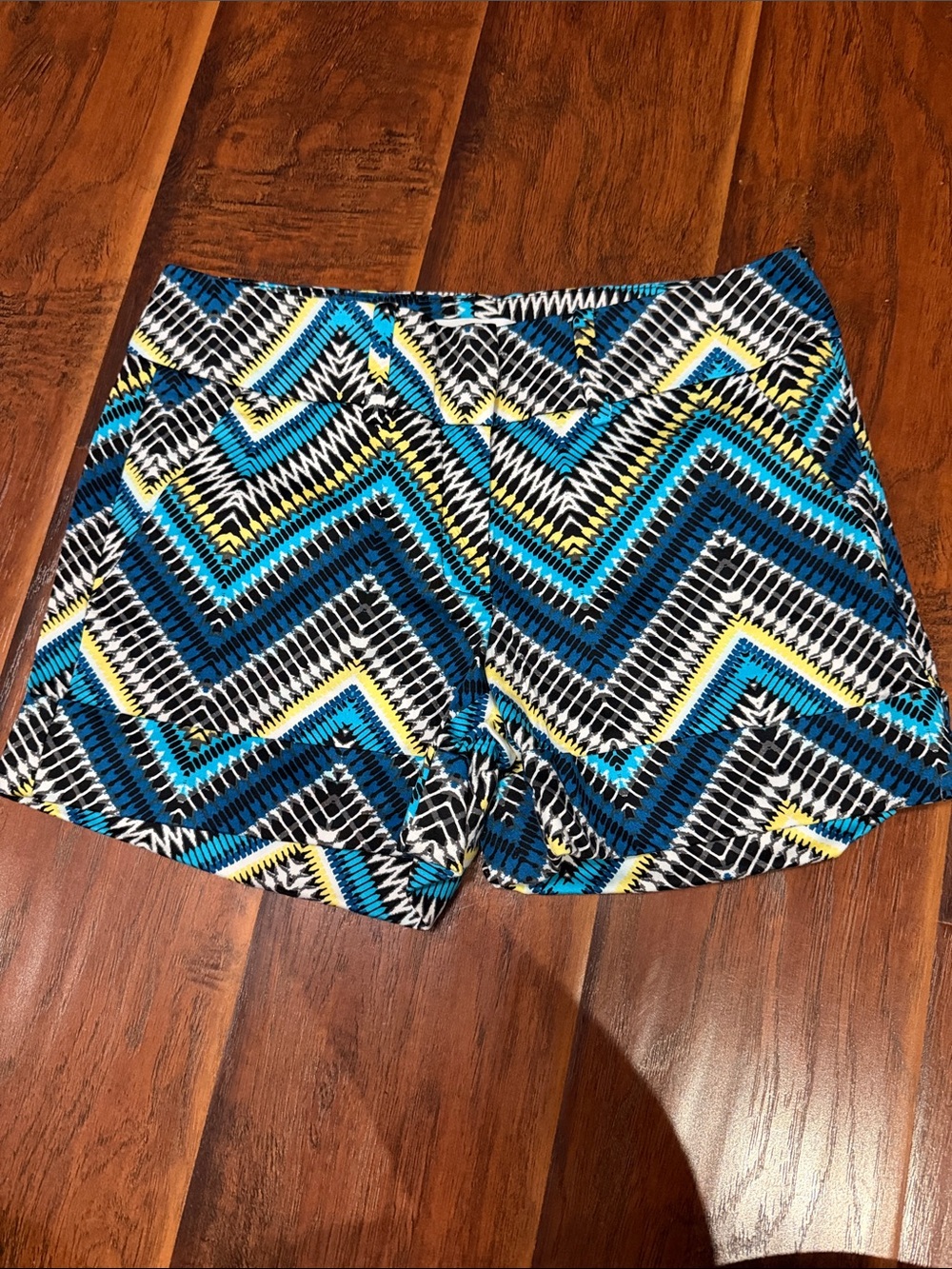 New York & Company Blue Chevron Print Bermuda Shorts with Yellow Accents